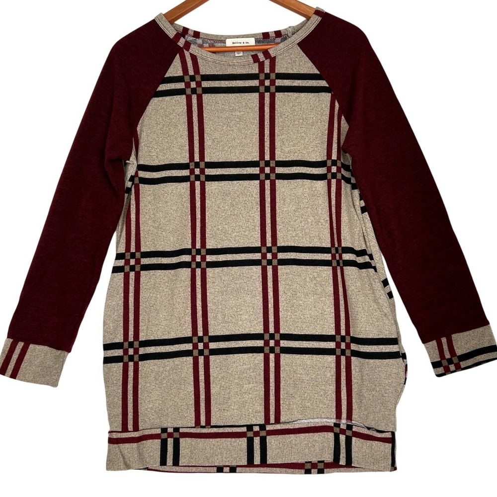Hailey & Co Brown Red Plaid Sweater w/Pockets Elbow Patch Women M  NWOT‎ w/flaw